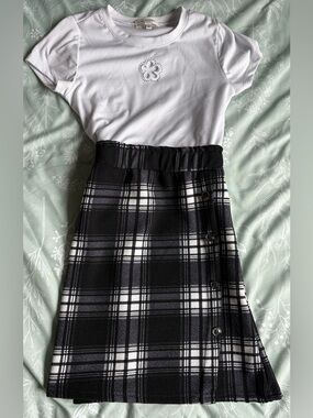 Classic Black & White Plaid A-Line Kids Dress with Tie